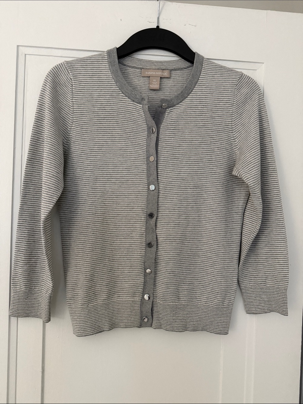 Banana Republic Gray & White Striped Crewneck Cardigan